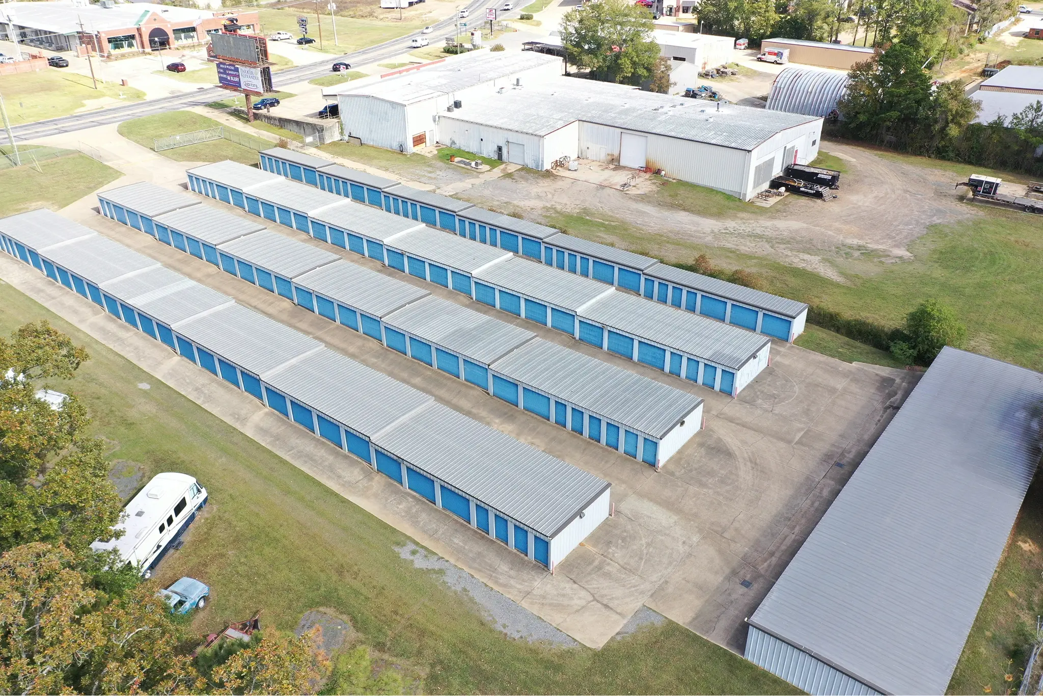 Open storage unit with blue door